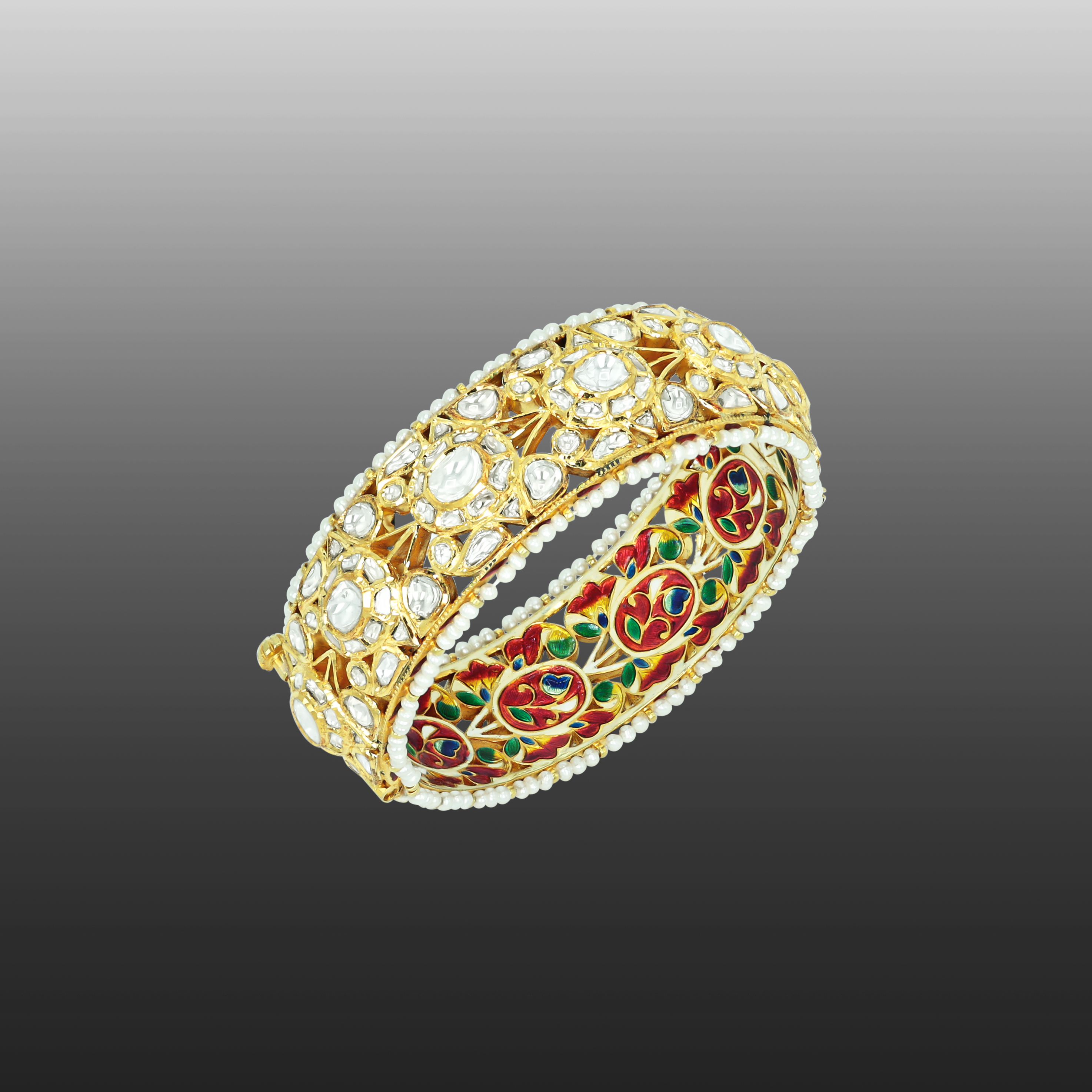 Polki Bangle with Pearl Edges and Enamel Accents